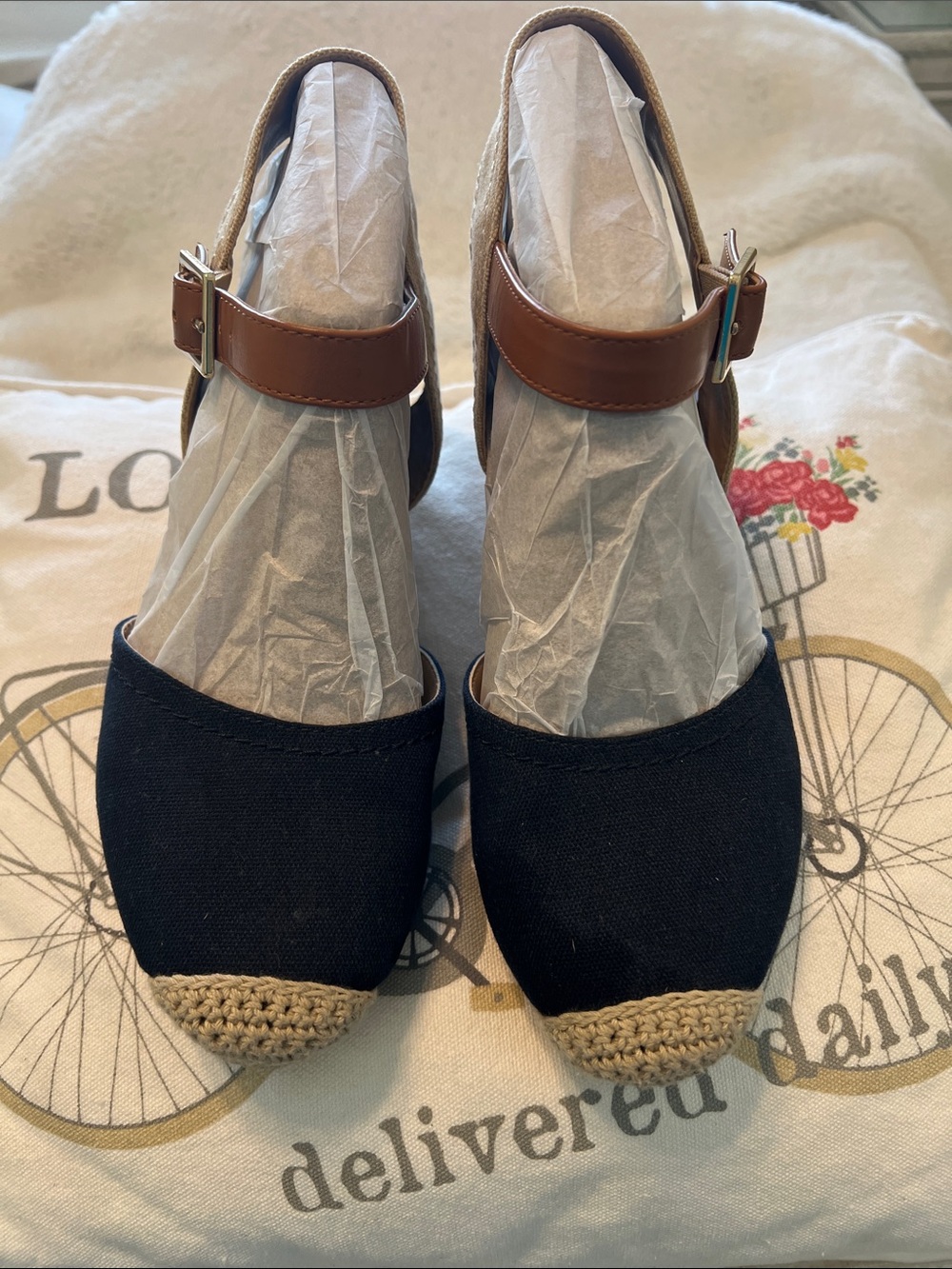 Tommy Hilfiger Navy Blue Canvas Espadrille Wedges with Brown Ankle Strap